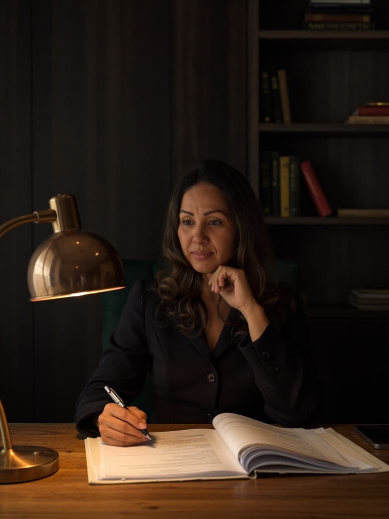 Carolina Chacón analizando documentos en su escritorio